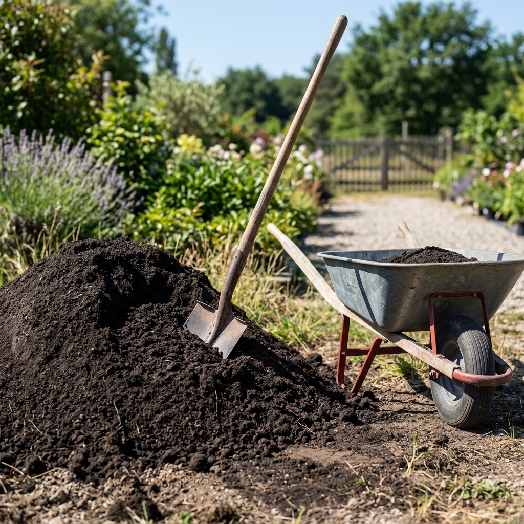 Tas de terre végétale criblée en vrac pour aménagement de jardin méditerranéen